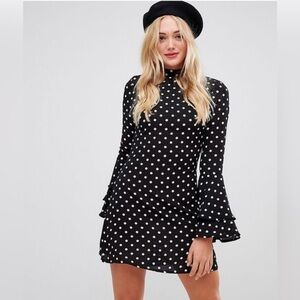 PARISIAN Black With White Polka Dots Bell Sleeve Mini Dress Size 6 Tall
